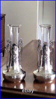 PAIRE DE VASES VERRE ET METAL ARGENTE ORIVIT JUGENSTIL ART NOUVEAU 1900 28 cm