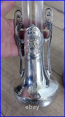 PAIRE DE VASES VERRE ET METAL ARGENTE ORIVIT JUGENSTIL ART NOUVEAU 1900 28 cm