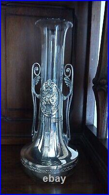 PAIRE DE VASES VERRE ET METAL ARGENTE ORIVIT JUGENSTIL ART NOUVEAU 1900 28 cm