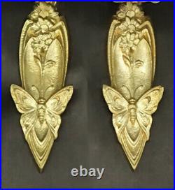 Paire D'appliques Aux Papillons Époque Art Nouveau Bronze & Verre