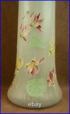 Paire De Grands Vases En Verre Emaille Art Nouveau Decor Floral Legras