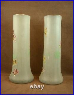 Paire De Grands Vases En Verre Emaille Art Nouveau Decor Floral Legras