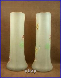 Paire De Grands Vases En Verre Emaille Art Nouveau Decor Floral Legras