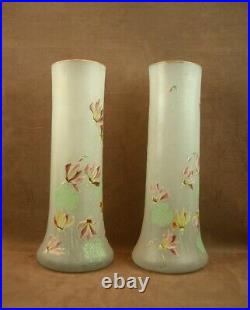 Paire De Grands Vases En Verre Emaille Art Nouveau Decor Floral Legras