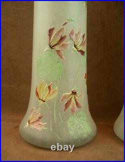 Paire De Grands Vases En Verre Emaille Art Nouveau Decor Floral Legras