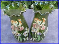 Paire De Grands Vases Verre Emaille Legras Iris Art Nouveau