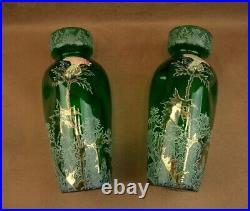 Paire De Vases A Bulbes En Verre Emaille Art Nouveau Decor Floral Legras