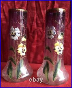 Paire De Vases Art Nouveau Verre Émaillé Époque 1900 Décor De Fleurs Sty. Legras