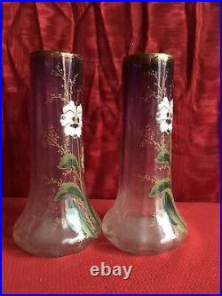 Paire De Vases Art Nouveau Verre Émaillé Époque 1900 Décor De Fleurs Sty. Legras