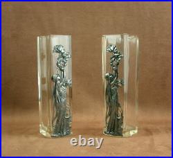 Paire De Vases Art Nouveau Verre Et Application Metal Decor De Femme 1900 Wmf