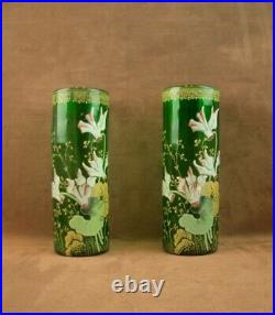 Paire De Vases En Verre Emaille Art Nouveau Decor Floral Legras