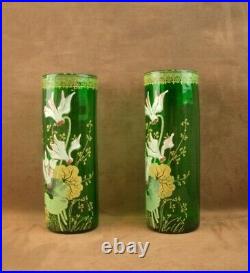 Paire De Vases En Verre Emaille Art Nouveau Decor Floral Legras