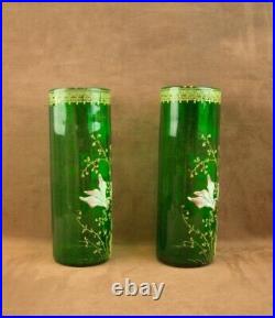 Paire De Vases En Verre Emaille Art Nouveau Decor Floral Legras