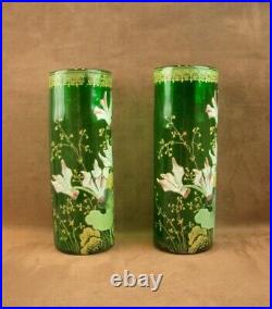 Paire De Vases En Verre Emaille Art Nouveau Decor Floral Legras