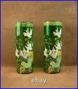 Paire De Vases En Verre Emaille Art Nouveau Decor Floral Legras