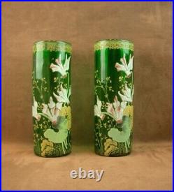 Paire De Vases En Verre Emaille Art Nouveau Decor Floral Legras