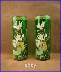 Paire De Vases En Verre Emaille Art Nouveau Decor Floral Legras