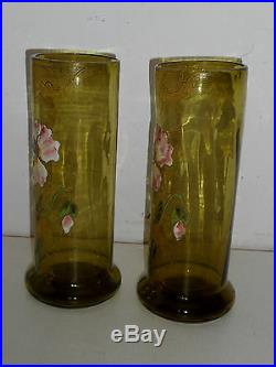 Paire De Vases En Verre Emailles Legras. Art Nouveau