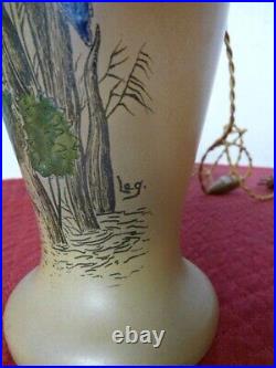 Paire Grand Vases Legras Oiseau Signe Leg Verre Emaille Art Nouveau