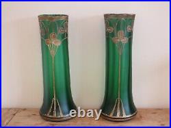 + Paire de grands vases Art Nouveau en verre peint émaillé décor trèfles +