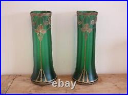 + Paire de grands vases Art Nouveau en verre peint émaillé décor trèfles +