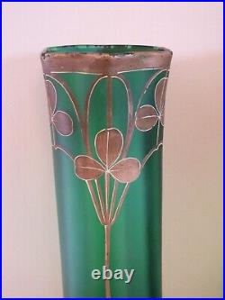 + Paire de grands vases Art Nouveau en verre peint émaillé décor trèfles +