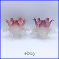 Paire de tulipes verre soufflé coloré rose et mauve formant fleurs Art Nouveau