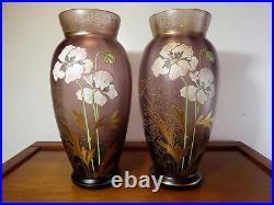 Paire de vase 1900 art nouveau en verre teinté émaillé goût Legras Montjoye