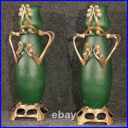 Paire de vases français de style Art Nouveau verre collection vintage métal 900