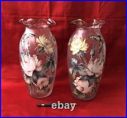 Paire grands vases verre émaillé 30cm Décor fleurs & papillon Art Nouveau Legras