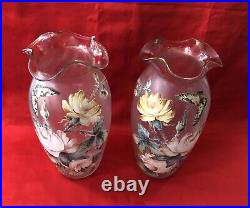 Paire grands vases verre émaillé 30cm Décor fleurs & papillon Art Nouveau Legras