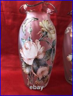 Paire grands vases verre émaillé 30cm Décor fleurs & papillon Art Nouveau Legras