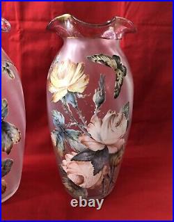 Paire grands vases verre émaillé 30cm Décor fleurs & papillon Art Nouveau Legras