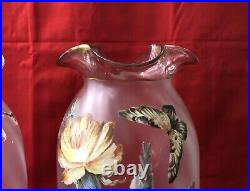 Paire grands vases verre émaillé 30cm Décor fleurs & papillon Art Nouveau Legras