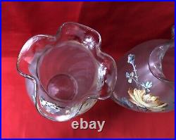 Paire grands vases verre émaillé 30cm Décor fleurs & papillon Art Nouveau Legras