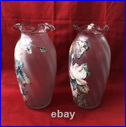 Paire grands vases verre émaillé 30cm Décor fleurs & papillon Art Nouveau Legras