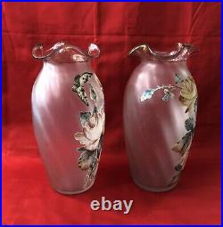 Paire grands vases verre émaillé 30cm Décor fleurs & papillon Art Nouveau Legras