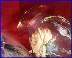 Paire grands vases verre émaillé 30cm Décor fleurs & papillon Art Nouveau Legras