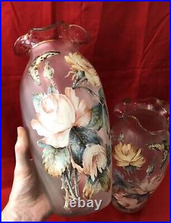 Paire grands vases verre émaillé 30cm Décor fleurs & papillon Art Nouveau Legras