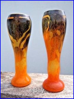 Paire vases Le Verre Français décor Houblon Cameo Glass d'époque Art Nouveau