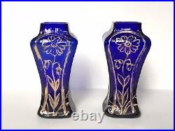 Petits Vases À Fleurs Anciens En Verre Bleu Et Or Art Nouveau Vers 1900 (paire)