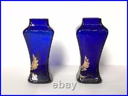 Petits Vases À Fleurs Anciens En Verre Bleu Et Or Art Nouveau Vers 1900 (paire)