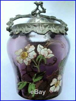 Pot à biscuits Art Nouveau, seau verre violet émaillé LEGRAS Les Roses de Noël