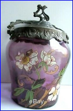 Pot à biscuits Art Nouveau, seau verre violet émaillé LEGRAS Les Roses de Noël
