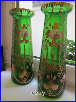 RARE Lot 2 Vases émaillés Art Nouveau vintage déco fleurs verre vert TBE 1900