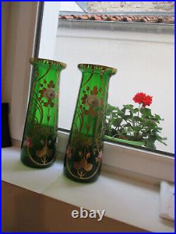 RARE Lot 2 Vases émaillés Art Nouveau vintage déco fleurs verre vert TBE 1900