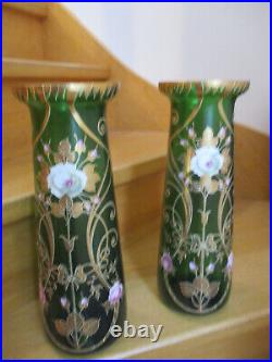 RARE Lot 2 Vases émaillés Art Nouveau vintage déco fleurs verre vert TBE 1900