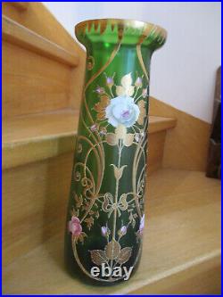 RARE Lot 2 Vases émaillés Art Nouveau vintage déco fleurs verre vert TBE 1900