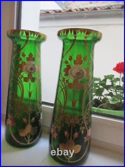 RARE Lot 2 Vases émaillés Art Nouveau vintage déco fleurs verre vert TBE 1900