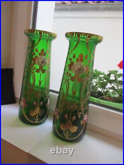 RARE Lot 2 Vases émaillés Art Nouveau vintage déco fleurs verre vert TBE 1900